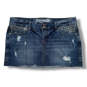Y2K Express Jeans Blue Cotton Blend‎ Studded Denim Distressed Mini Skirt Size 10